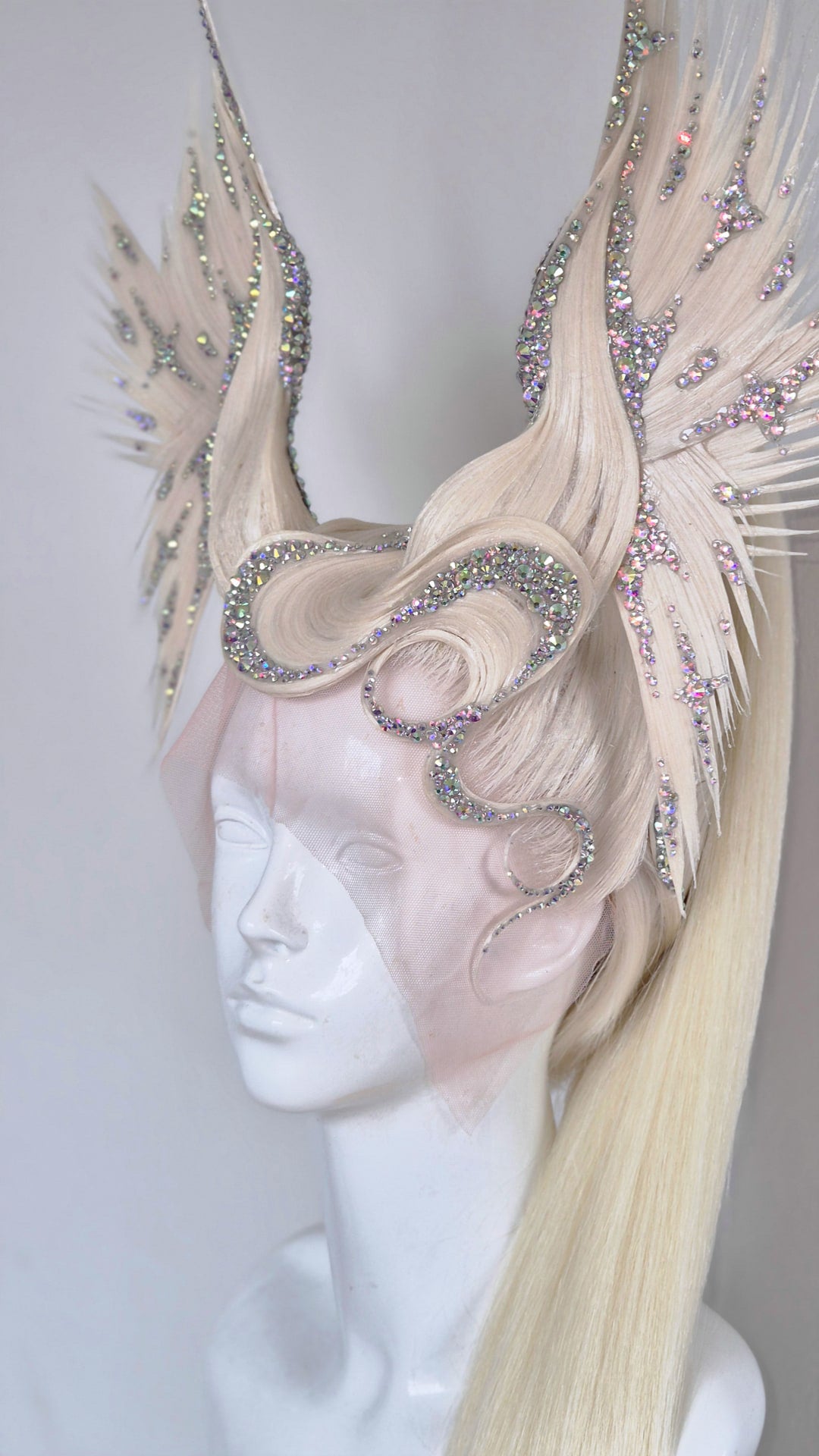Platinum, AB crystal seraphim, 30 inch ponytail.