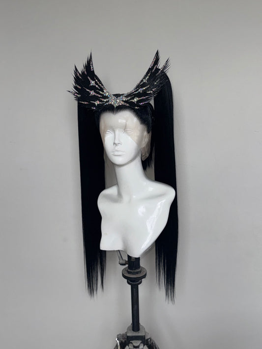 Black Valkyrie twin tails with AB crystal