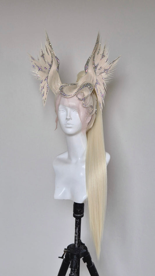 Platinum, AB crystal seraphim, 30 inch ponytail.
