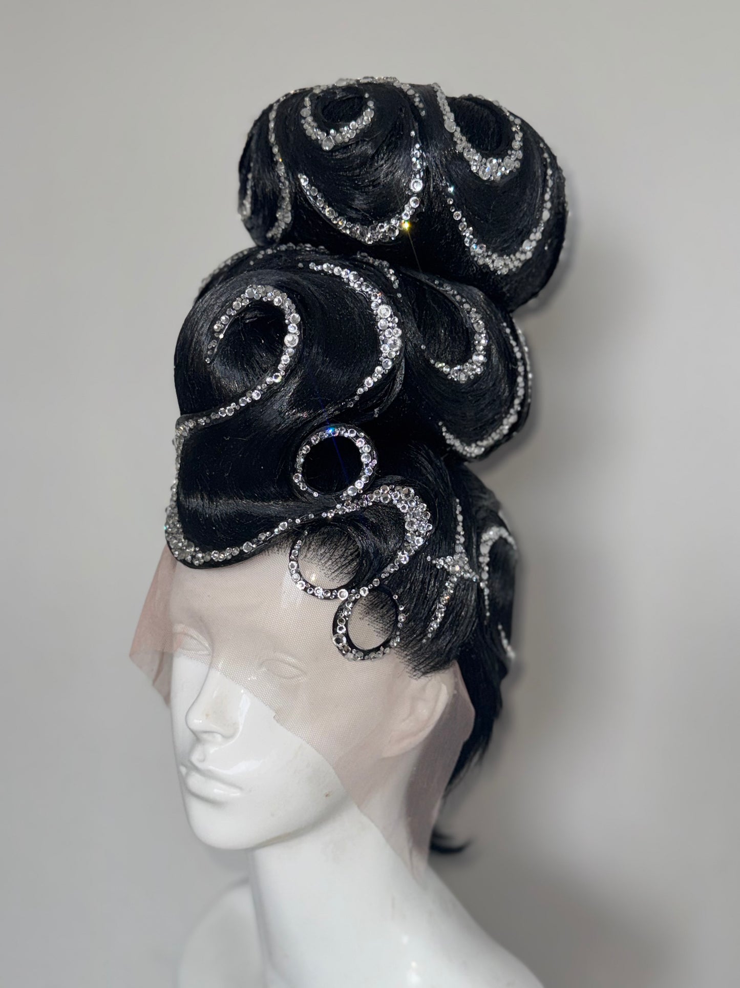 Black double bun updo- Clear crystal