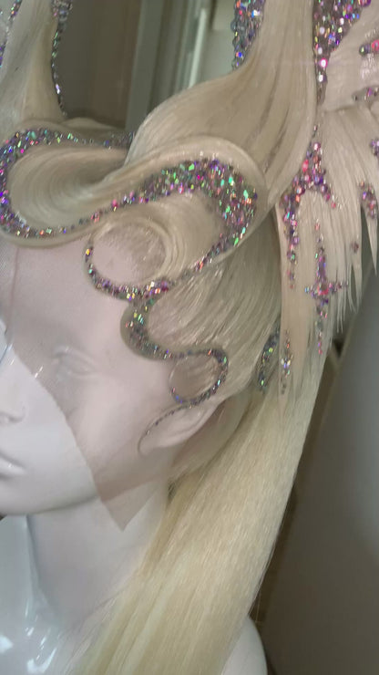 Platinum, AB crystal seraphim, 30 inch ponytail.